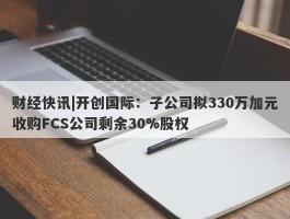 财经快讯|开创国际：子公司拟330万加元收购FCS公司剩余30%股权