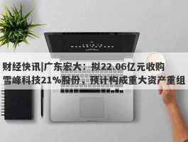 财经快讯|广东宏大：拟22.06亿元收购雪峰科技21%股份，预计构成重大资产重组